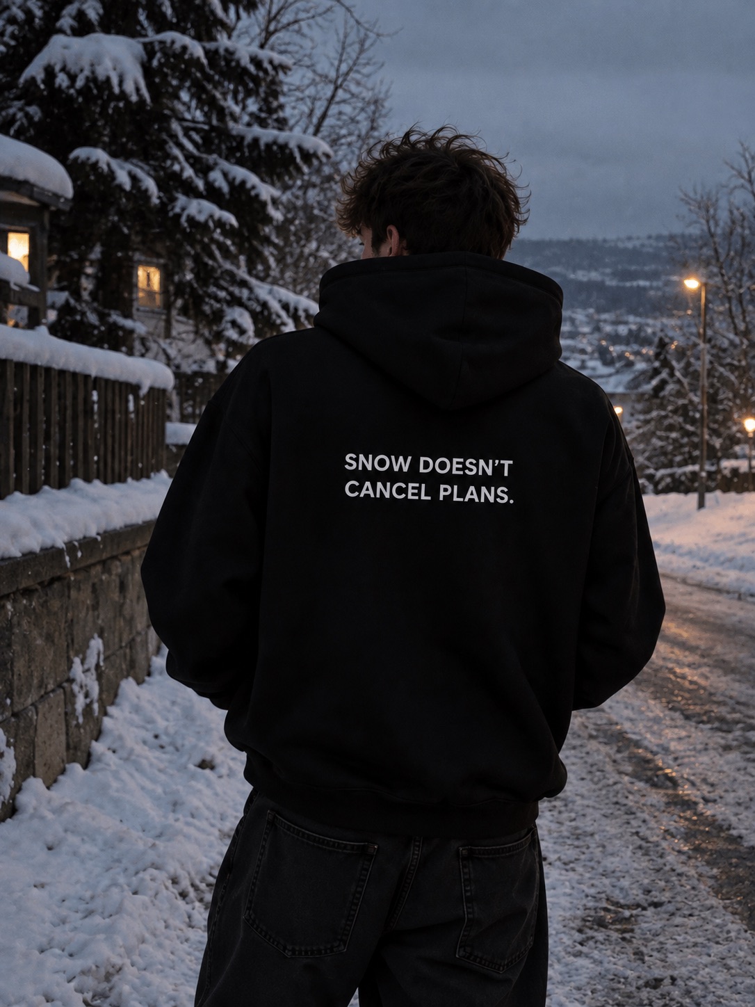 SNOW DOESN'T CANCEL PLANS. mikina čierna – chrbát na modelovi