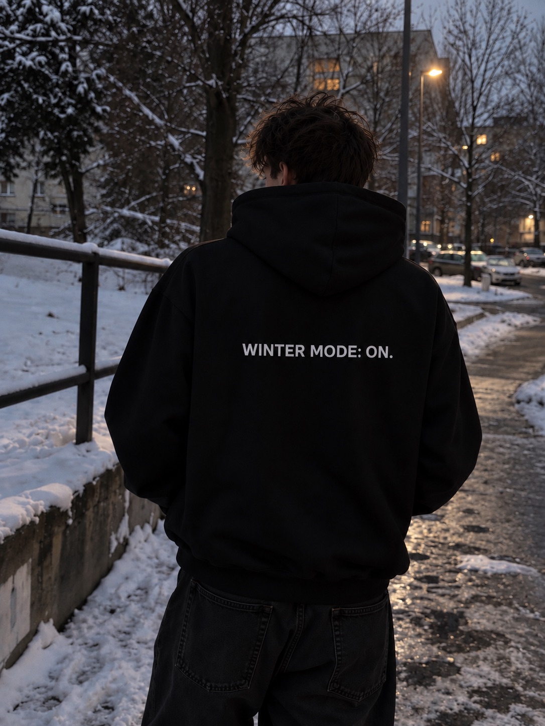WINTER MODE: ON. mikina čierna – chrbát na modelovi